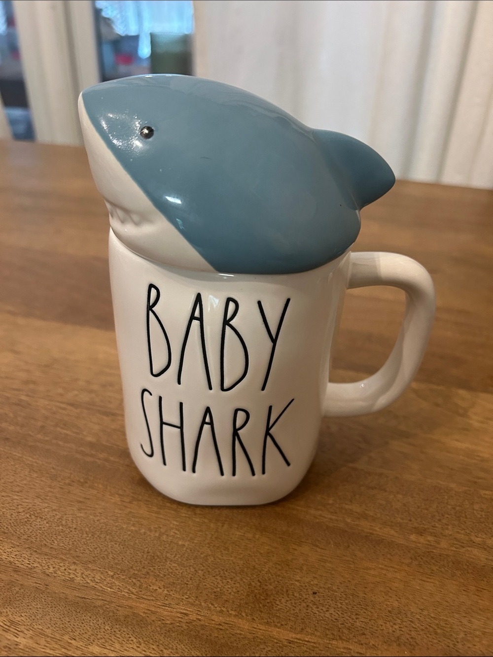 Rae Dunn White Ceramic 'Baby Shark' Mug with Blue Lid